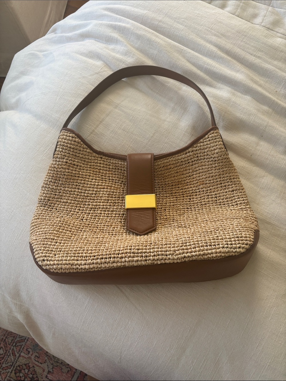 J. Crew Tan Straw Shoulder Bag with Brown Trim and Gold Accent